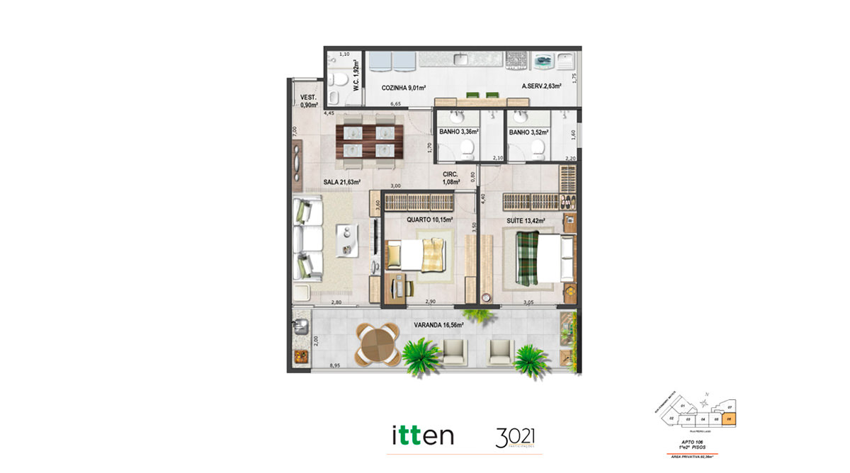 Planta Apto Tipo – coluna 06 - 92,36m²