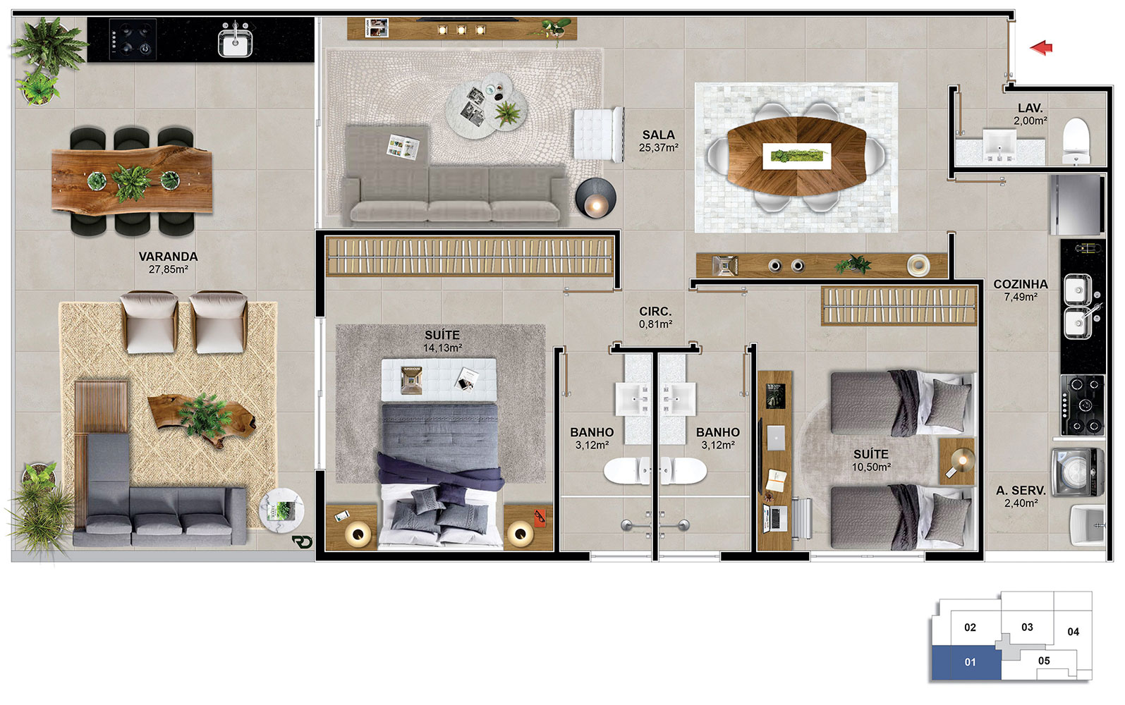 Aptos. 101 e 201 - 104,16 m² - opção 2 suítes e lavabo